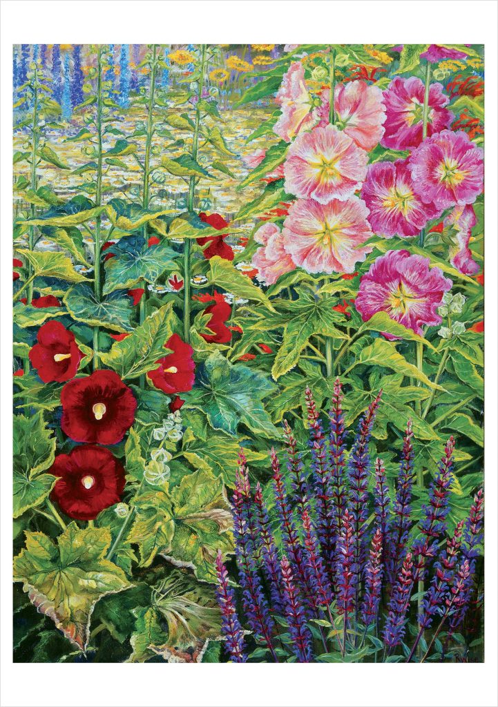 Rosalind Wise: Garden Border with Hollyhocks Notecard