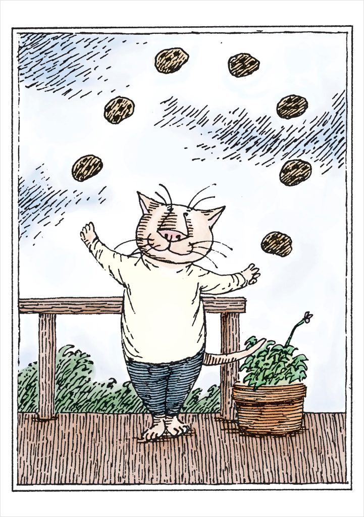 Edward Gorey: Cat Juggling Cookies Birthday Card